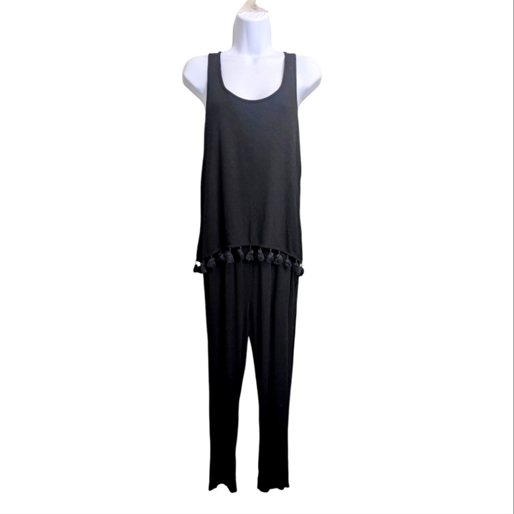 Trina Turk Tajo Jumpsuit Black Tassel  Sleeveless Ankle Straight Leg Pockets M